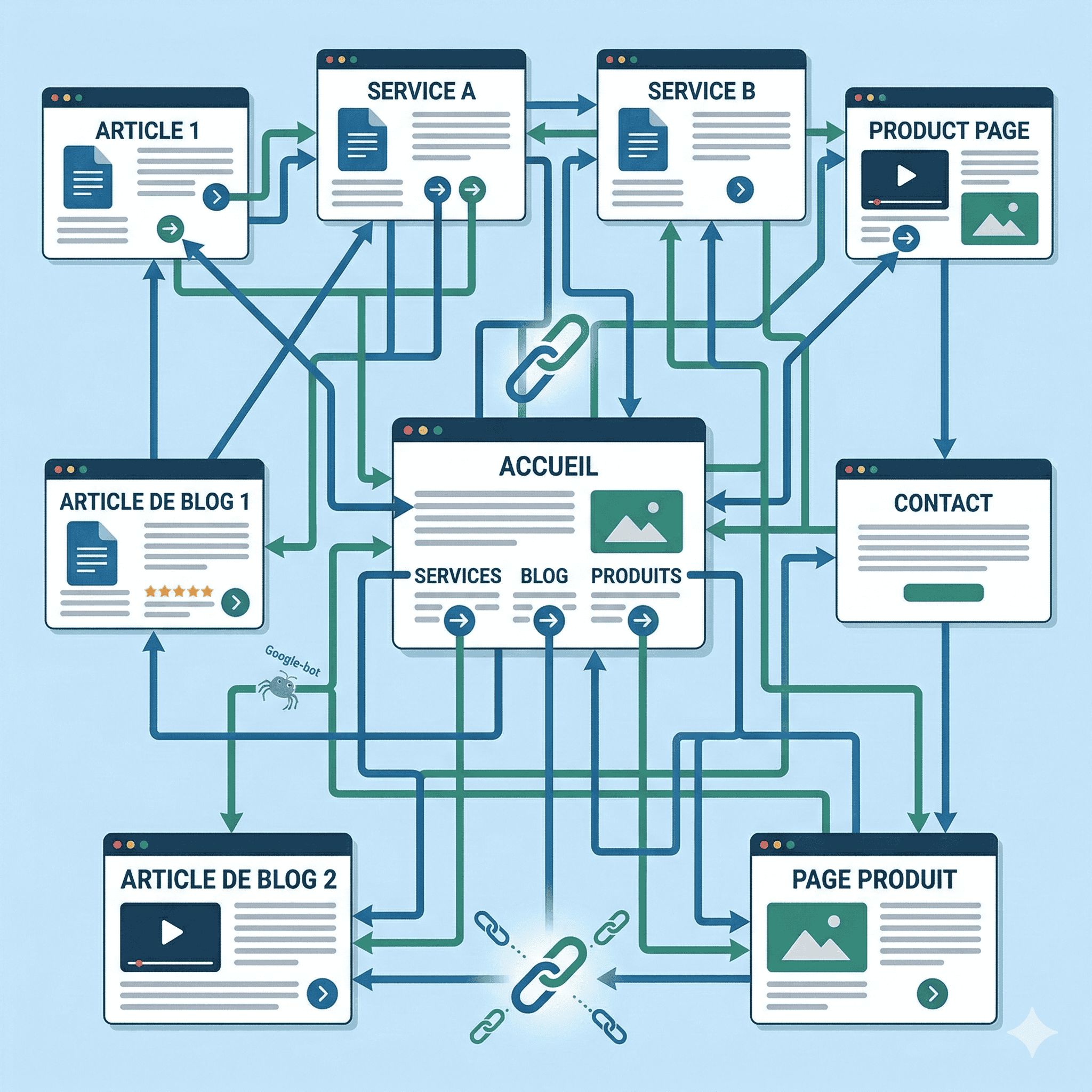Modélisation d'une architecture web en silos sémantiques montrant la distribution du PageRank via une stratégie de maillage interne SEO optimisée pour la conversion.