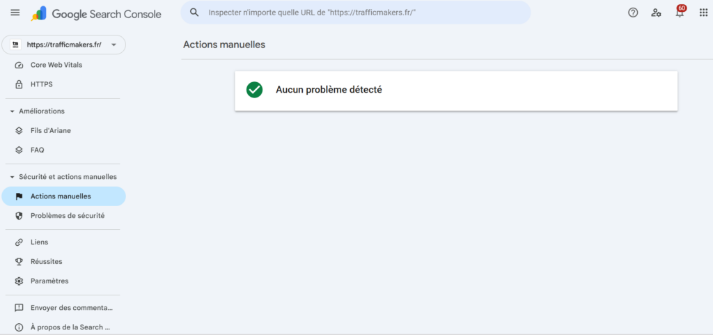 Google Search Console onglet sécurité actions manuelles - détecter une pénalité google